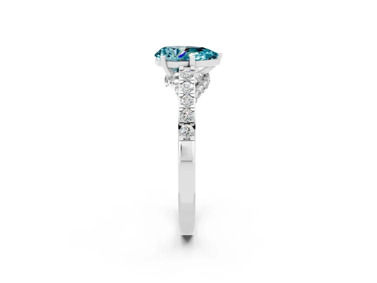 Pear Cut Blue Topaz Solitaire Ring with Crossover Gallery and Round Pavé Band Silver