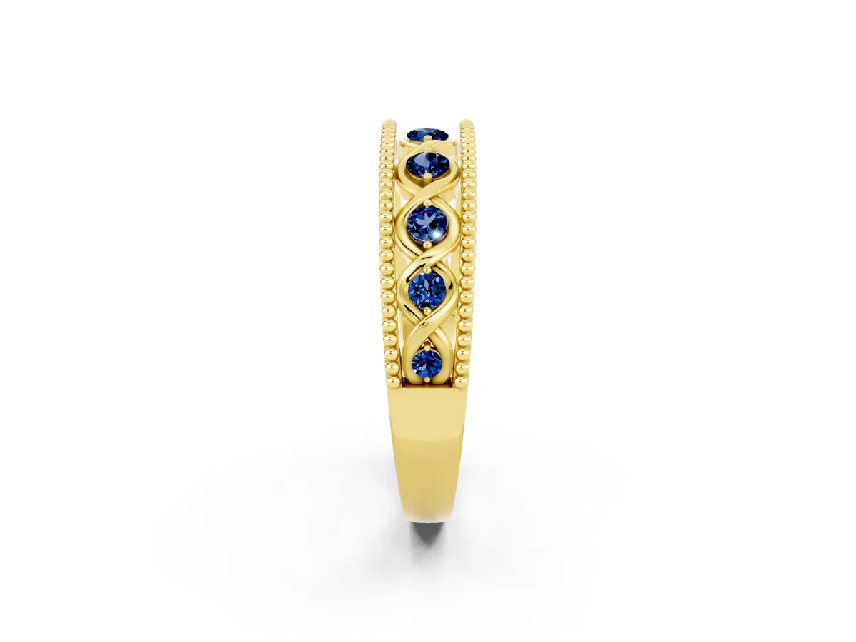 Round Blue Sapphire Twist Milgrain Band with Bezel Setting Yellow gold