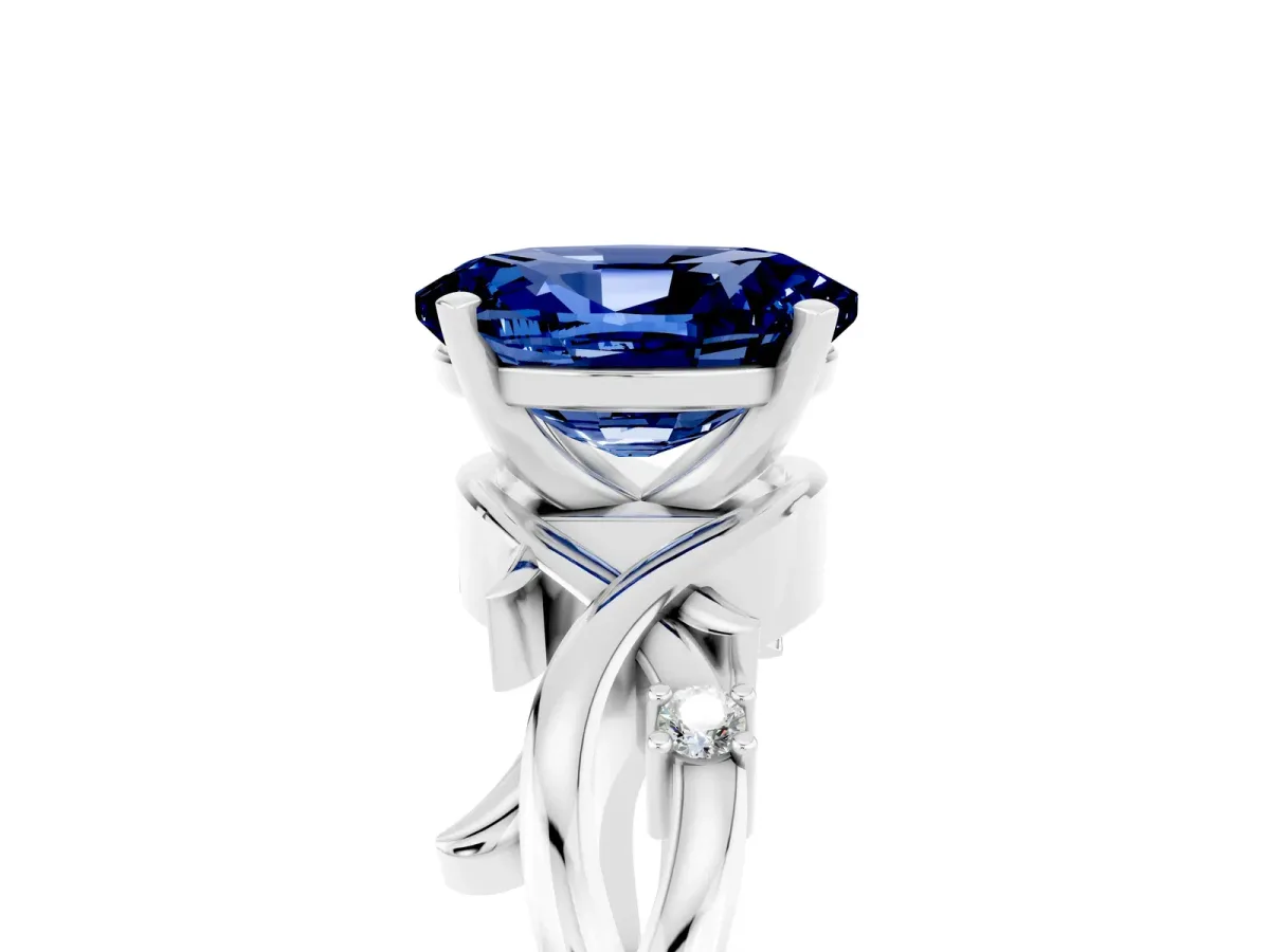 Oval Cut Blue Sapphire Solitaire Ring with Twisted Band and Prong Setting Platinum