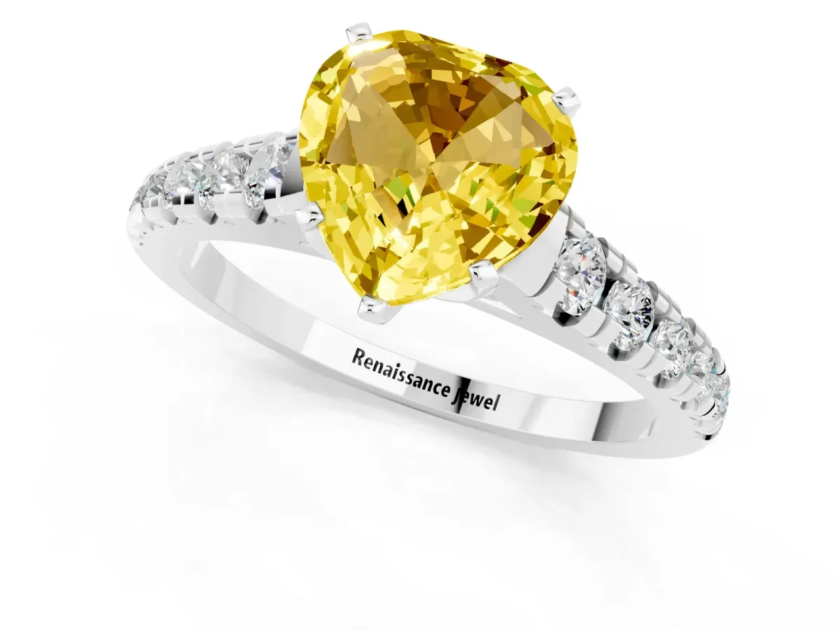 Heart Cut Yellow Sapphire Cathedral Solitaire Ring with Round Pavé Band Silver