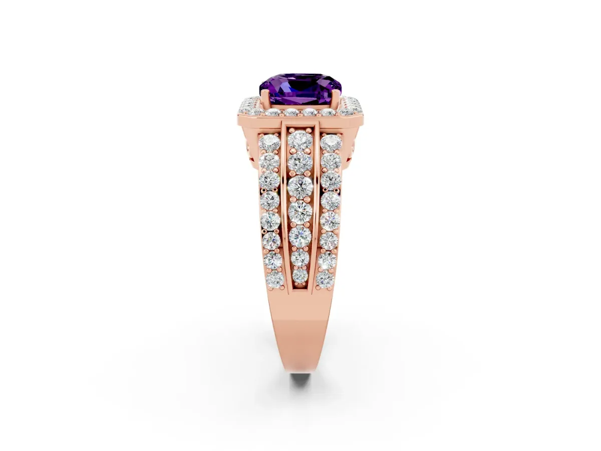 Cushion Cut Halo Amethyst Ring with Round Split Shank and Prong Setting Rose gold