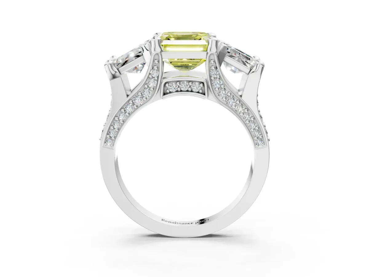 Fancy Yellow Asscher Cut Diamond Three-Stone Ring with Channel Set Band and Four-Prong Setting Platinum