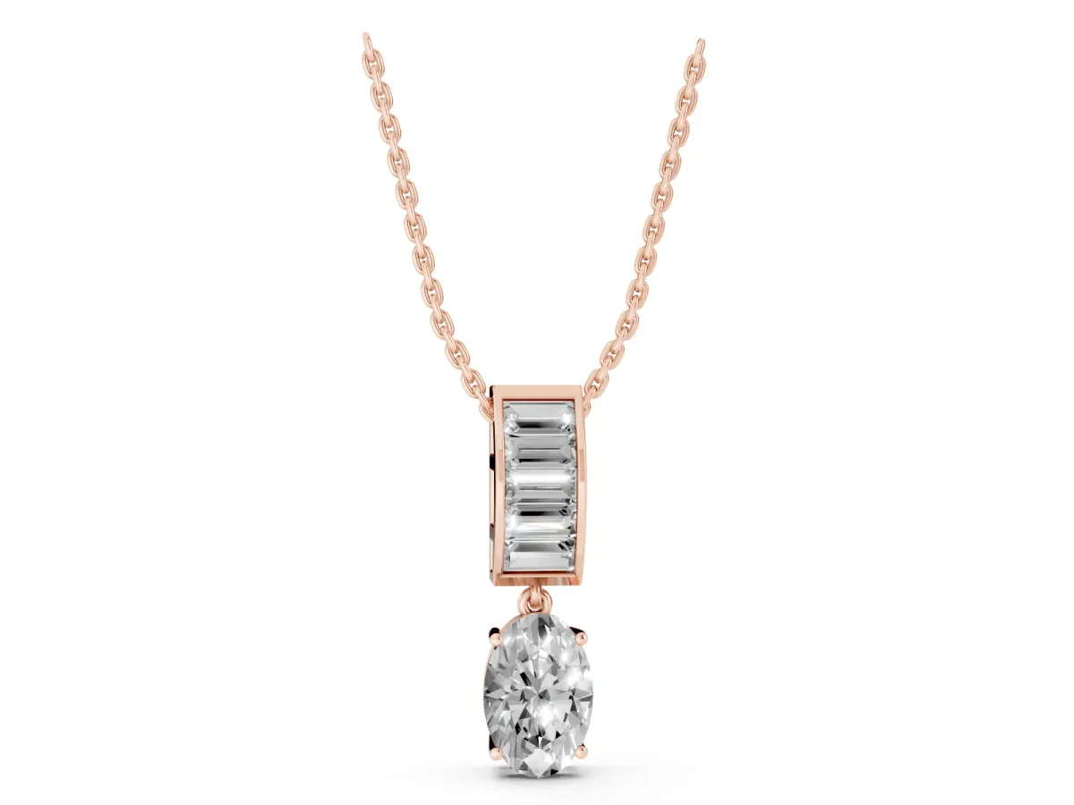 Oval and Baguette Diamond Drop Pendant Rose gold