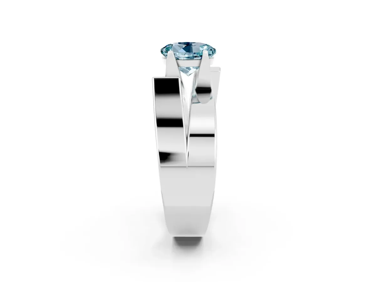 Modern Tension Set Round Cut Aquamarine Solitaire Wide Band Ring Silver