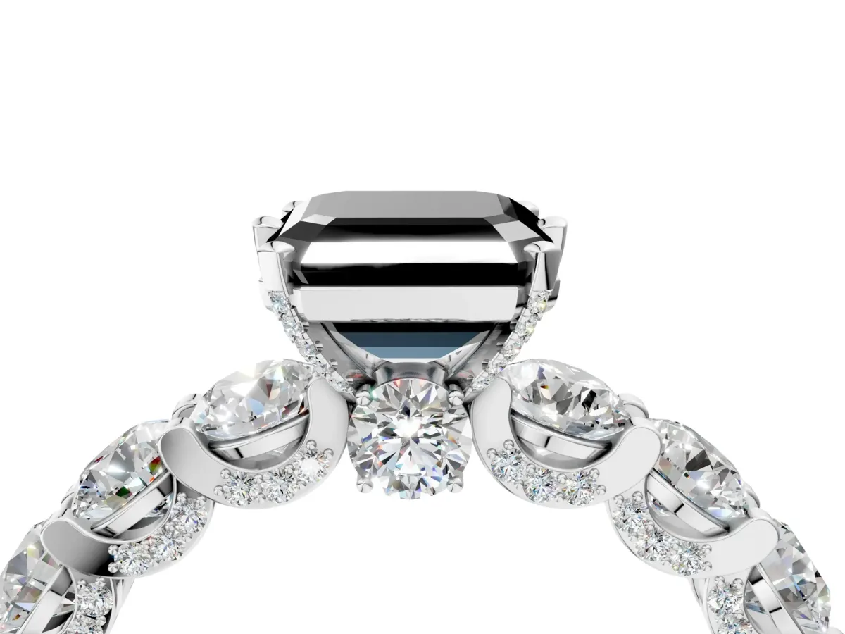 Fancy Black Asscher Cut Diamond Side Stone Engagement Ring with Four-Prong Setting White gold
