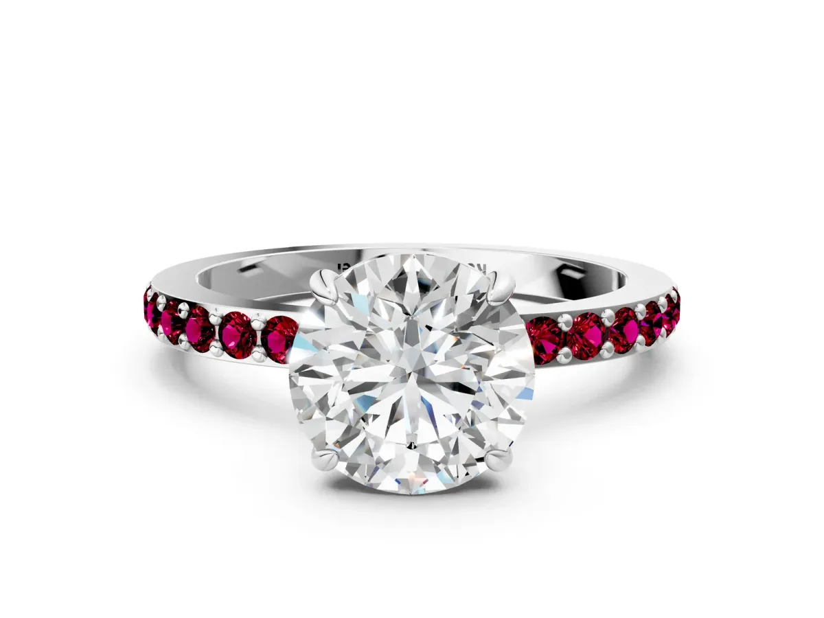 Round Cut Diamond Pavé Engagement Ring with Round Garnet Accents and Prong Setting Silver
