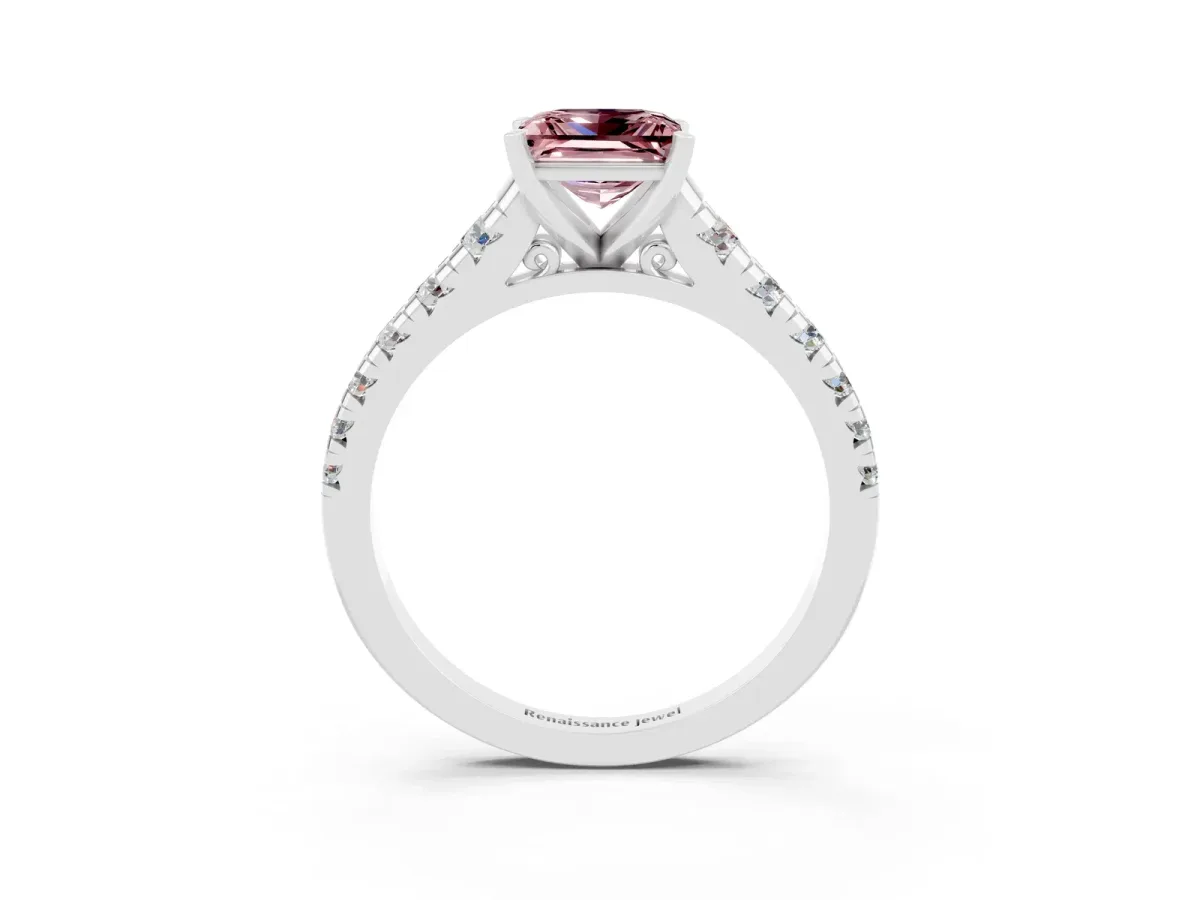 Princess Cut Morganite Cathedral Solitaire Ring with Round Pavé Band Silver