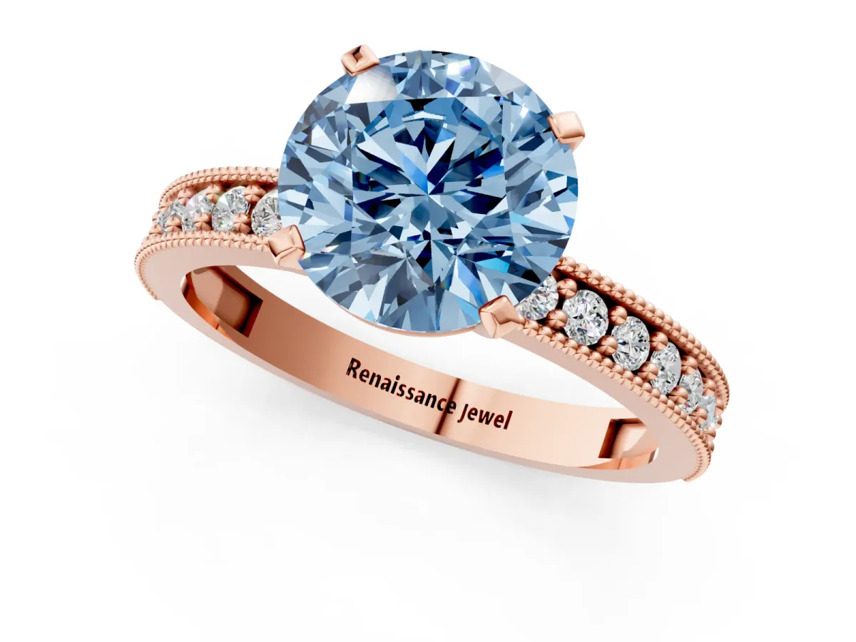 Fancy Blue Round Cut Diamond Milgrain Pavé Engagement Ring with Four-Prong Setting Rose gold