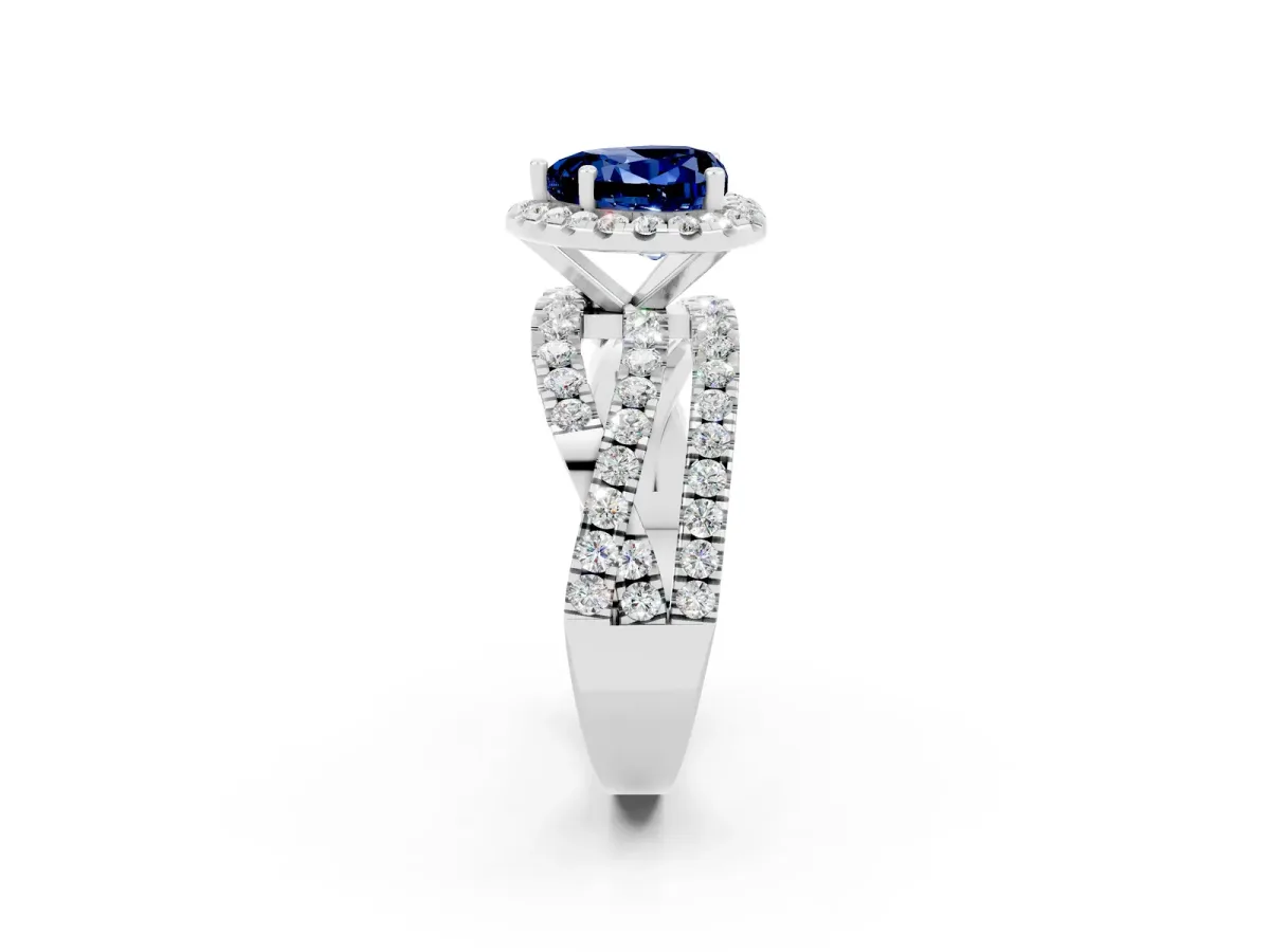 Heart Cut Blue Sapphire Halo Ring with Round Split Shank and Prong Setting Platinum