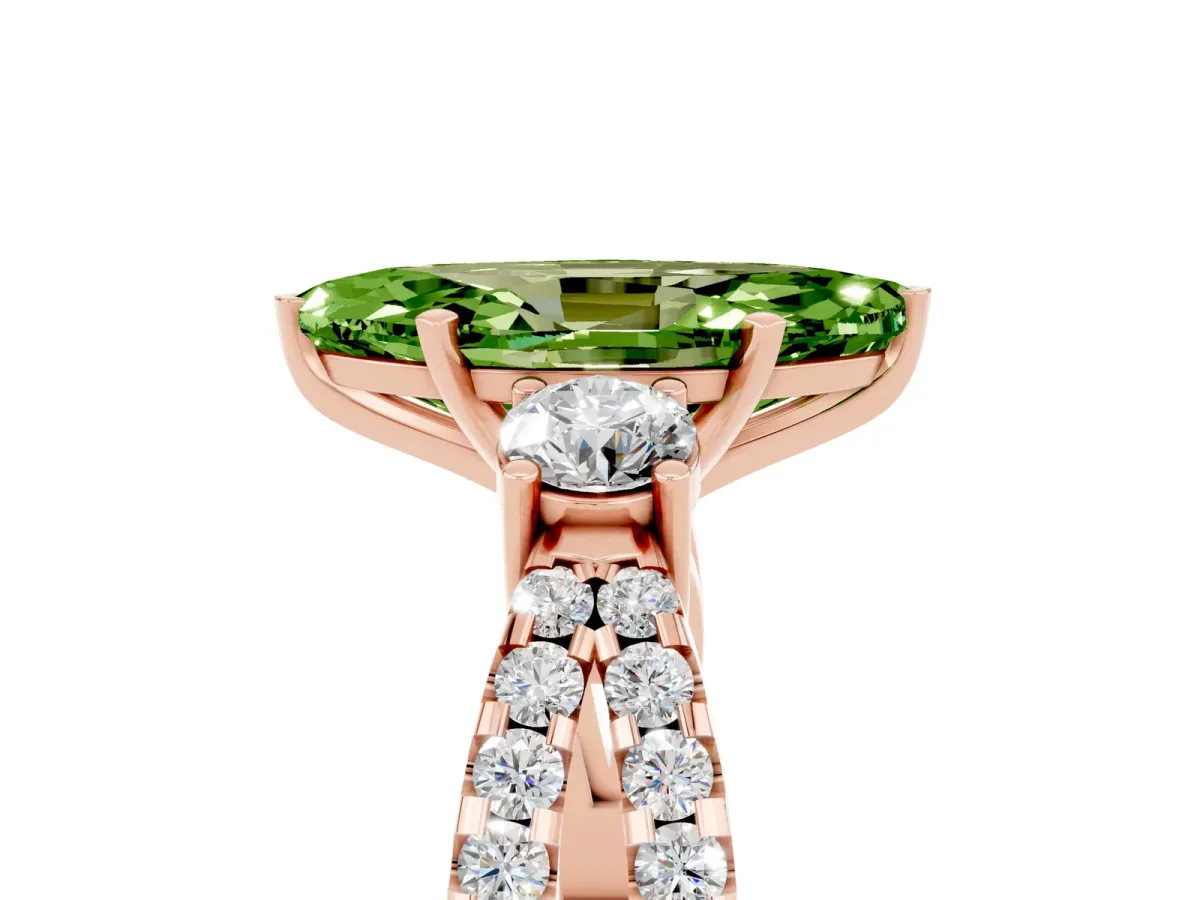 Marquise Cut Peridot Three-Stone Ring with Pavé Split Shank and Four-Prong Setting Rose gold