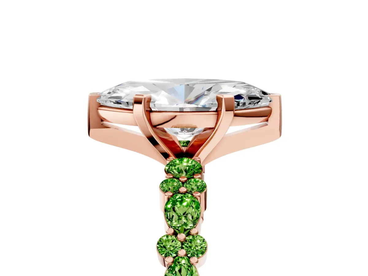 Marquise Cut Diamond Side Stone Solitaire Ring with Round Peridot and Four-Prong Setting Rose gold