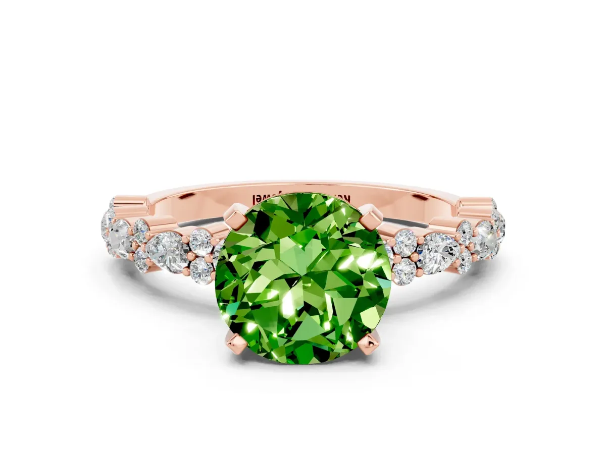 Round Cut Peridot Side Stone Solitaire Ring with Round and Four-Prong Setting Rose gold