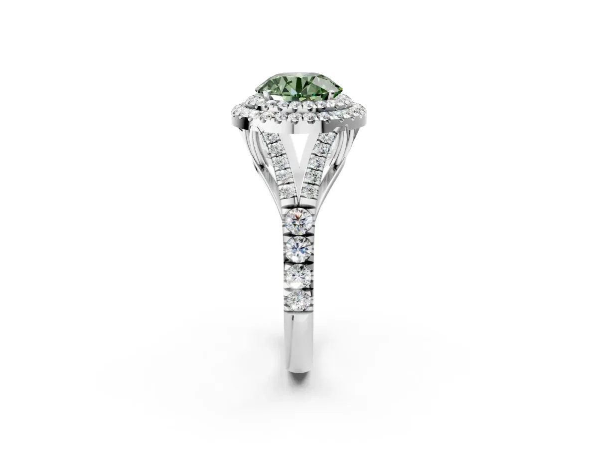 Fancy Green Double Halo Round Cut Diamond Split Shank Engagement Ring with Four-Prong Setting White gold