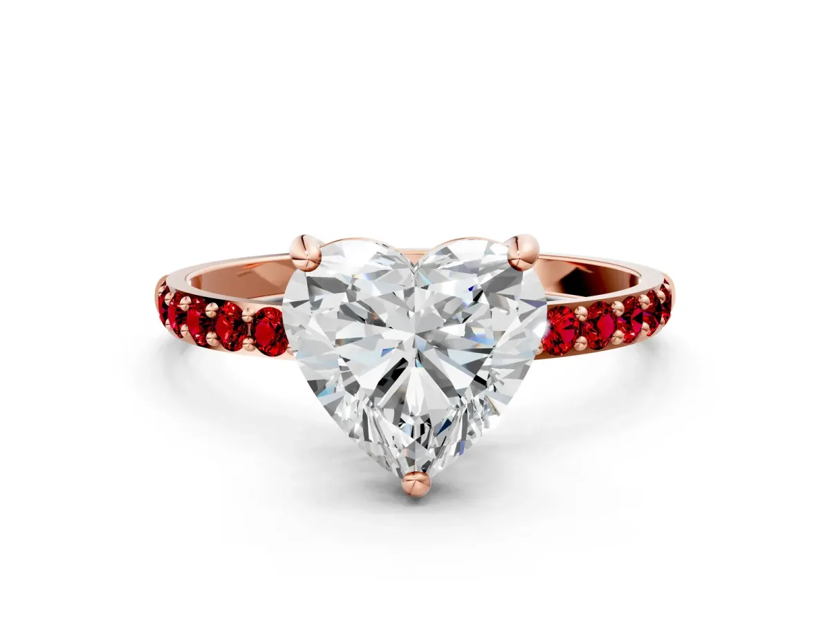 Heart Cut Diamond Solitaire Ring with Round Ruby Pavé Band and Prong Setting Rose gold