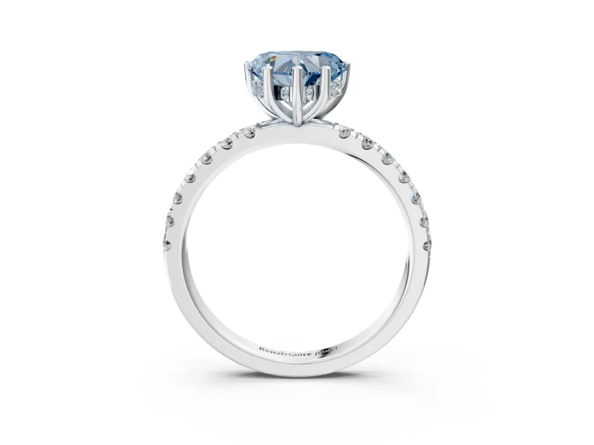 Fancy Blue Heart Cut Diamond Pave Band Solitaire Ring with Round and Prong Setting Platinum