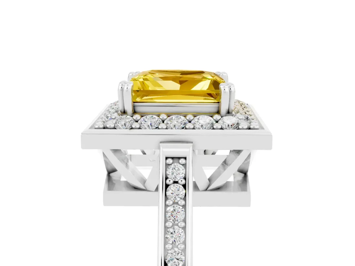 Princess Cut Yellow Sapphire Halo Ring with Split Shank and Four-Prong Setting Platinum