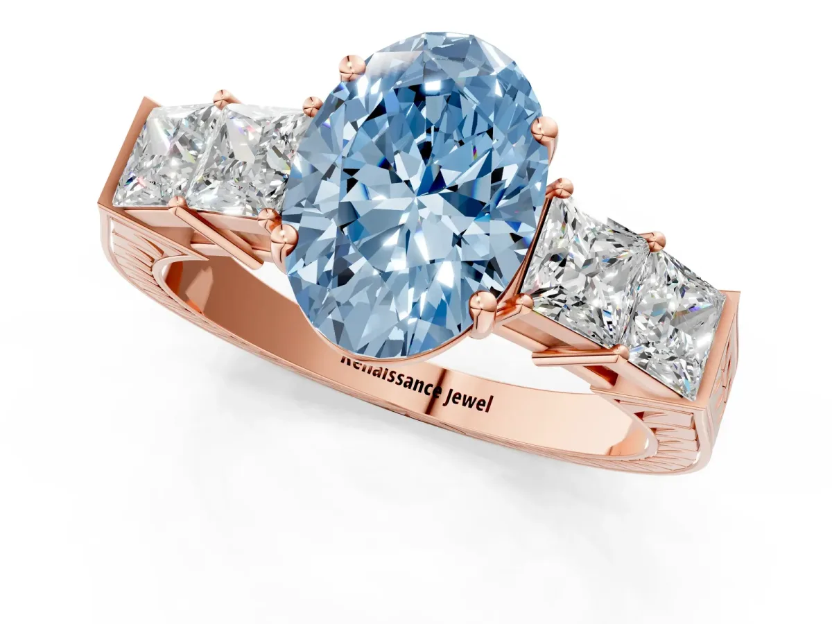 Fancy Blue Oval Cut Solitaire Princess Side Stone Engraved Band Prong Setting Ring Rose gold