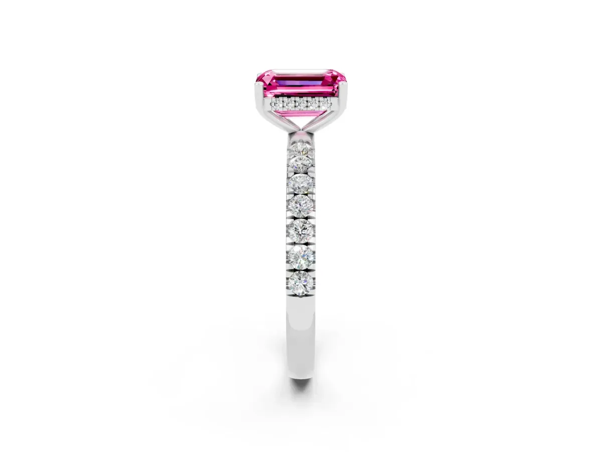 Emerald Cut Pink Sapphire Pave Band Solitaire Ring with Round and Prong Setting Silver