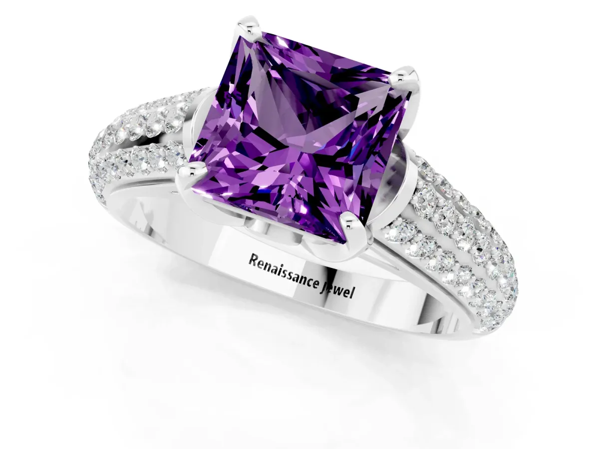 Princess Cut Amethyst Solitaire Ring with Three-Row Pavé Band and Four-Prong Setting Platinum