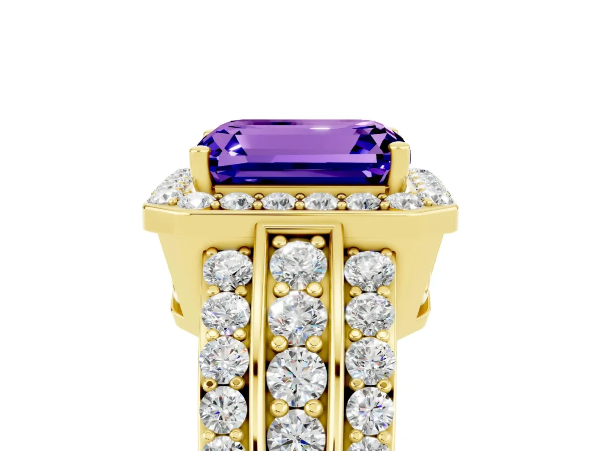 Emerald Cut Halo Tanzanite Ring with Round Split Shank and Prong Setting Yellow gold