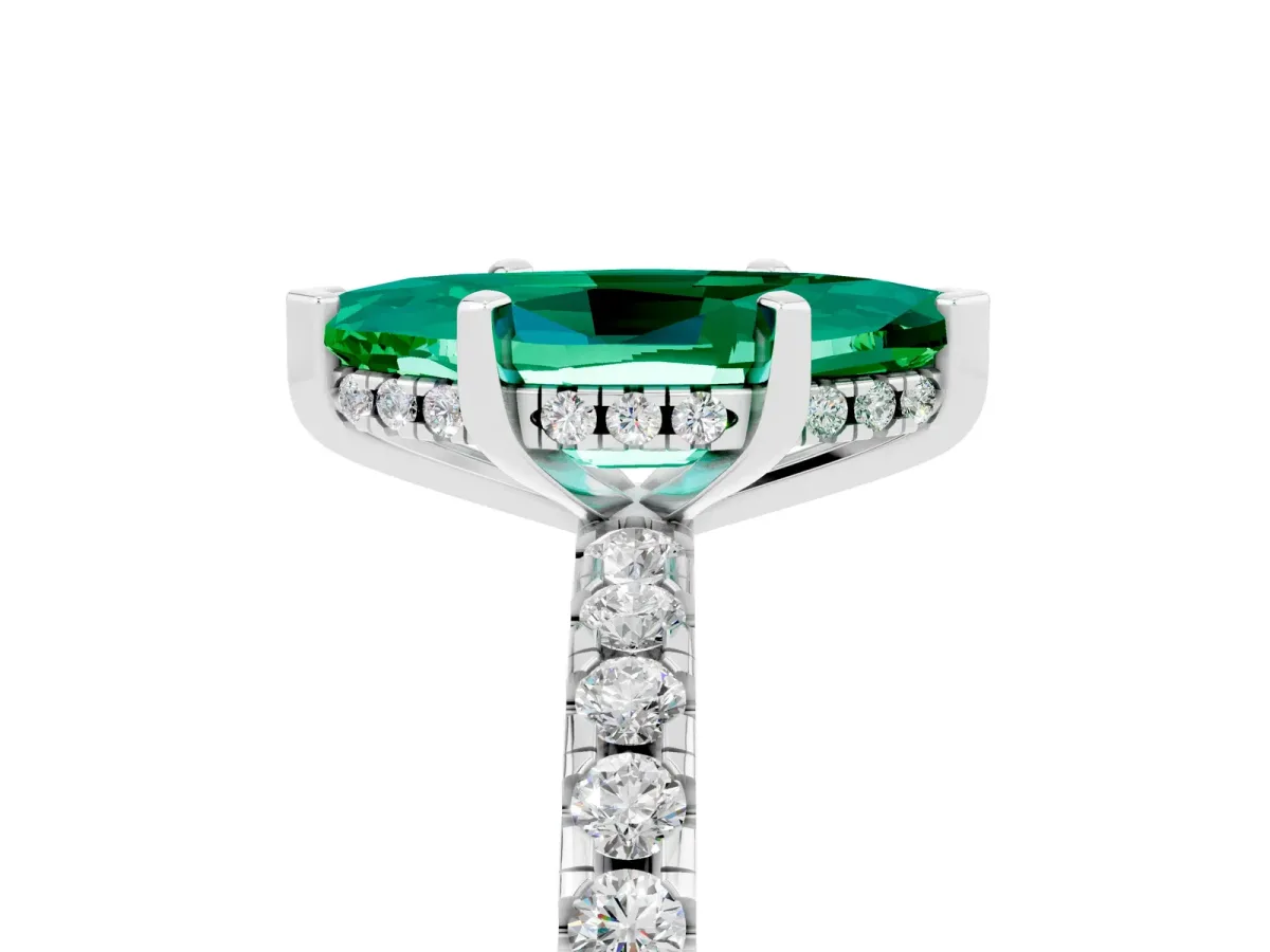 Marquise Cut Emerald Solitaire Ring with Round Pavé Band and Four-Prong Setting Silver