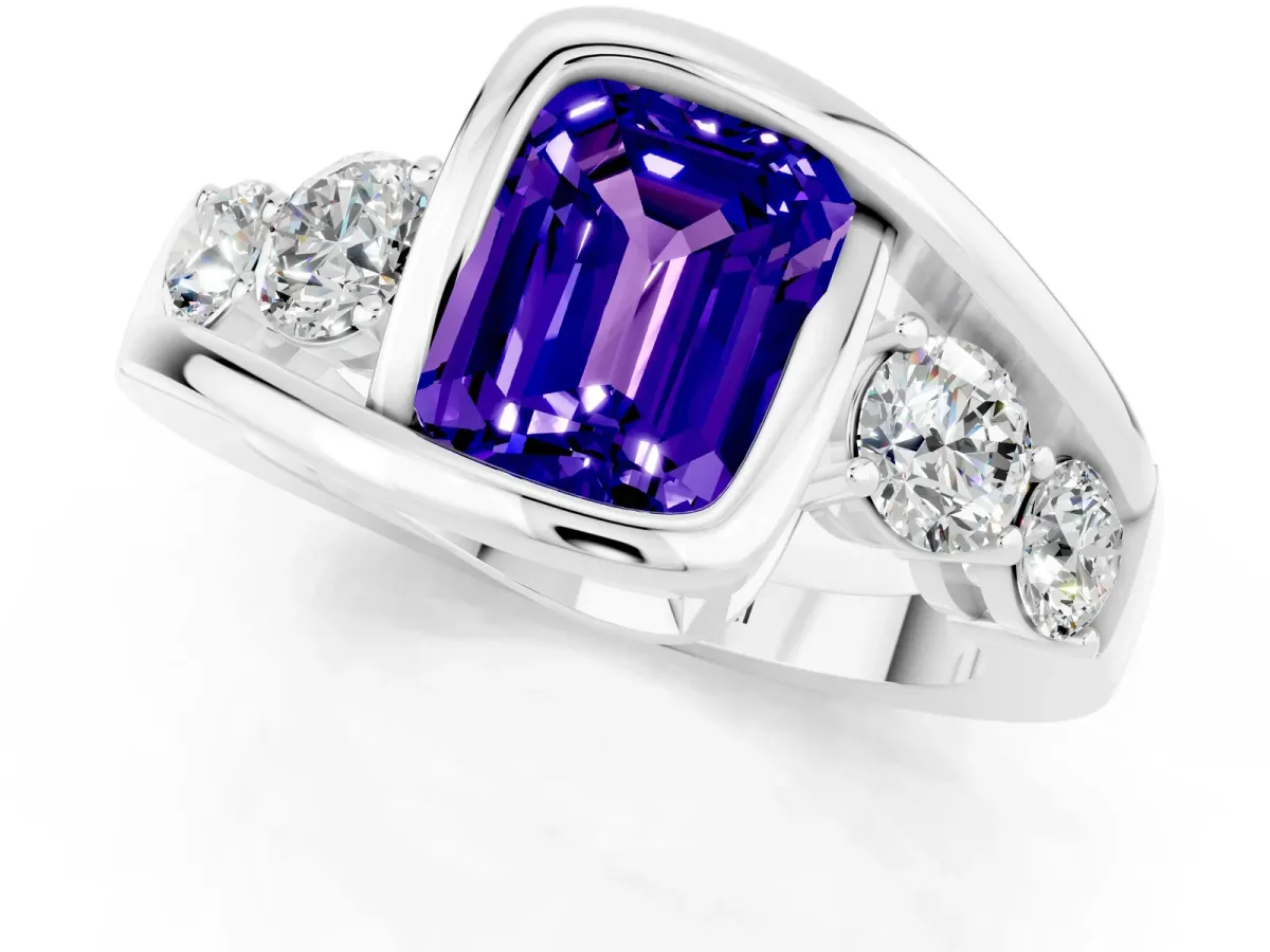 Bezel Set Emerald Cut Tanzanite Bypass Ring with Round Accents Platinum
