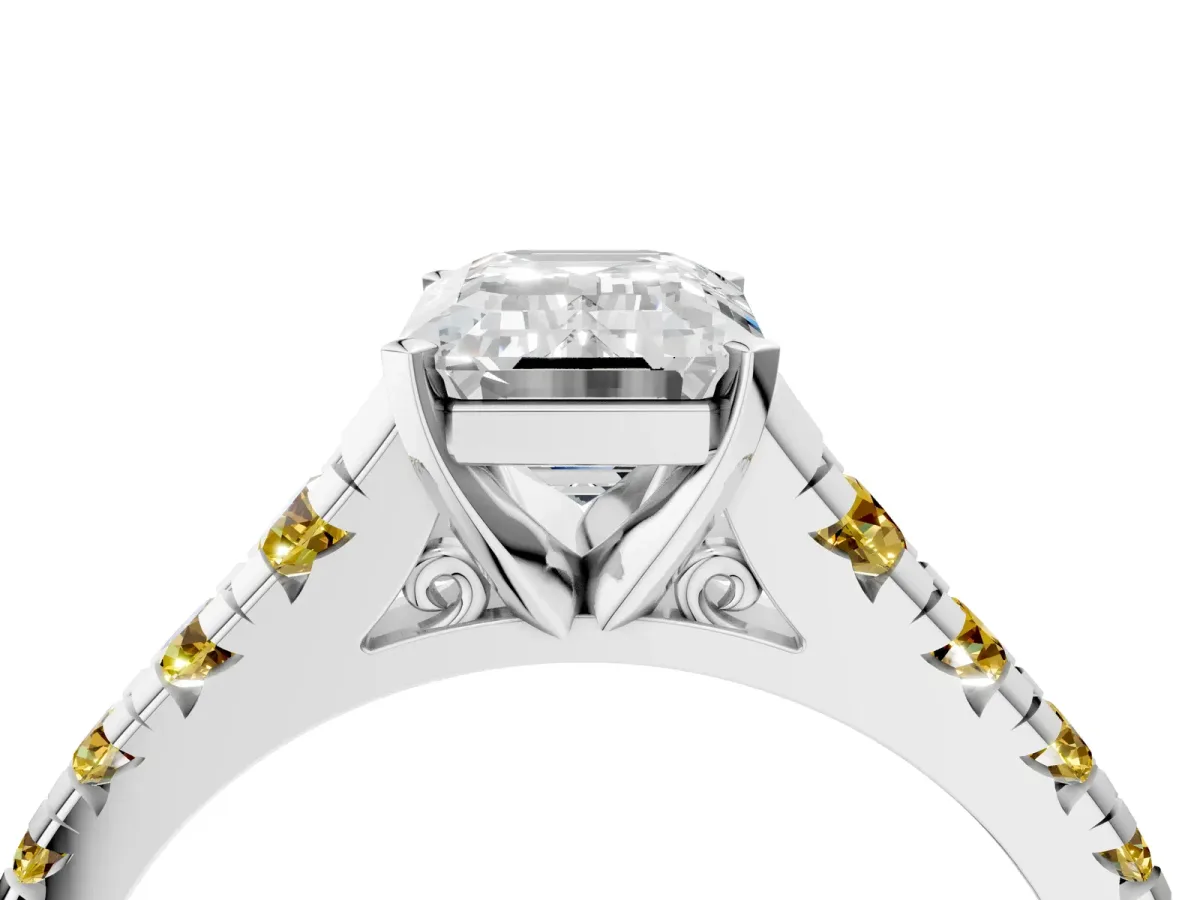 Emerald Cut Diamond Cathedral Solitaire Ring with Round Yellow Sapphire Pavé Band Silver