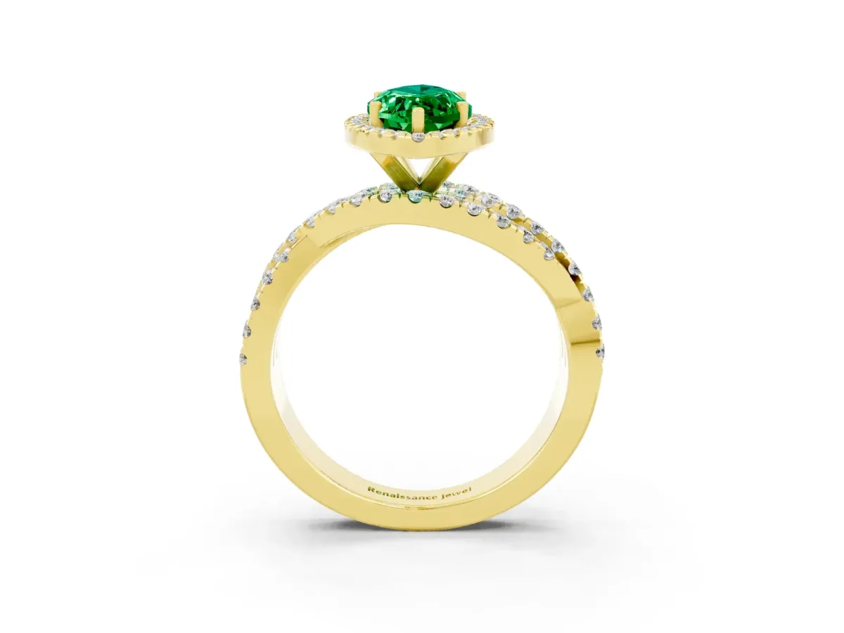 Marquise Cut Emerald Halo Ring with Round Split Shank and Prong Setting Yellow gold
