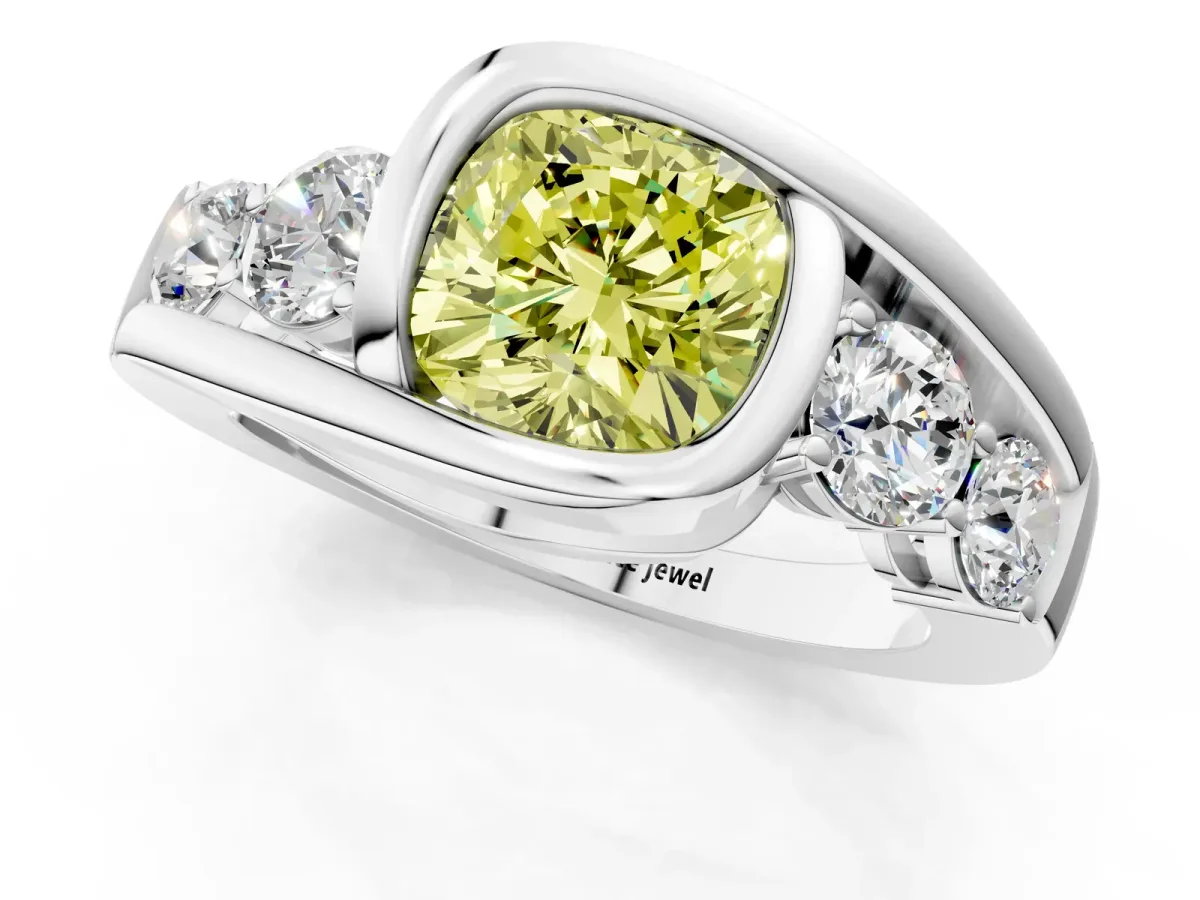 Fancy Yellow Bezel Set Cushion Cut Diamond Bypass Ring with Round Accents Silver