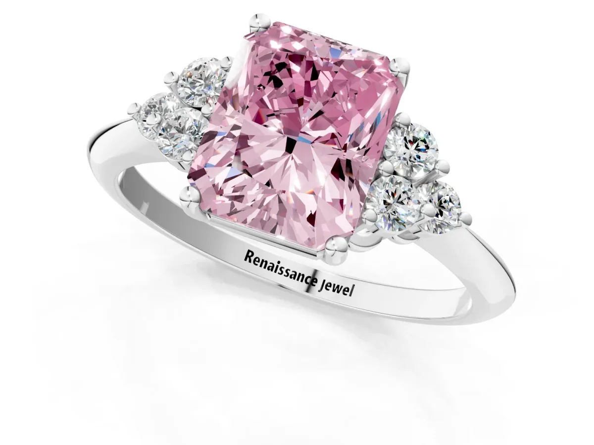 Fancy Pink Radiant Cut Cut Diamond Cluster Ring with Solitaire Band and Four-Prong Setting Platinum