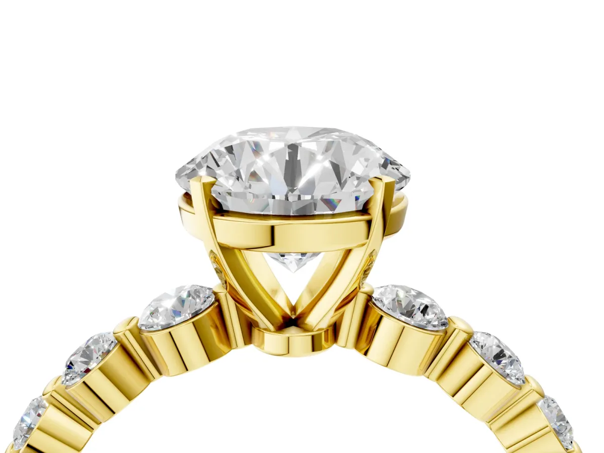 Round Cut Solitaire Diamond Ring with Pave Band and Four-Prong Setting Yellow gold