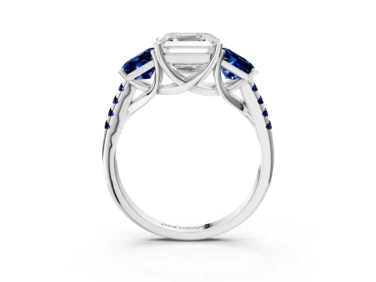 Three-Stone Asscher Cut Diamond Ring with Round Blue Sapphire Pavé Band and Prong Setting Silver