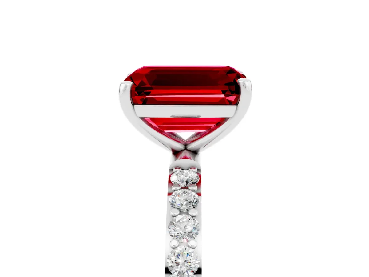 Emerald Cut Ruby Solitaire Ring with Round Pavé Band and Prong Setting White gold