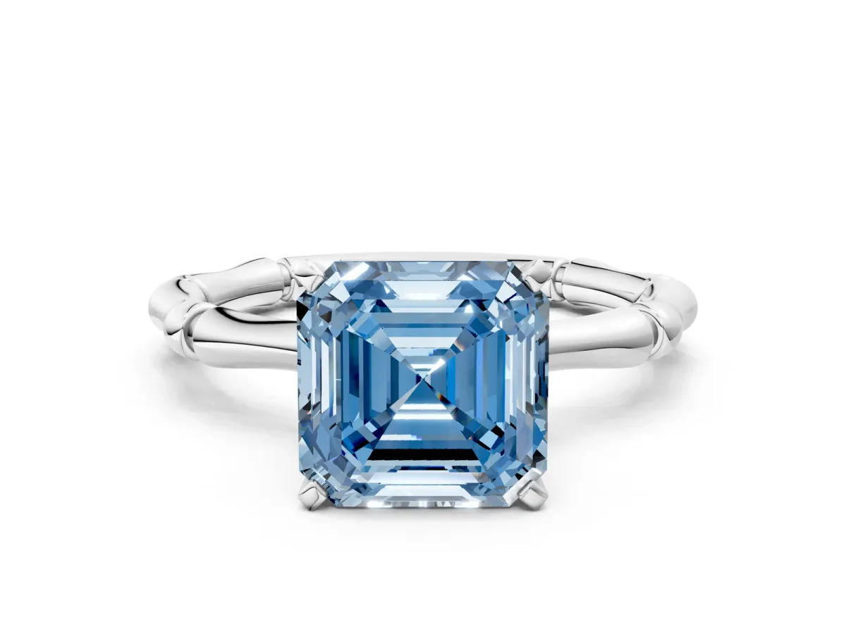 Fancy Blue Asscher Cut Solitaire Diamond Ring with Bamboo Band and Four-Prong Setting Platinum