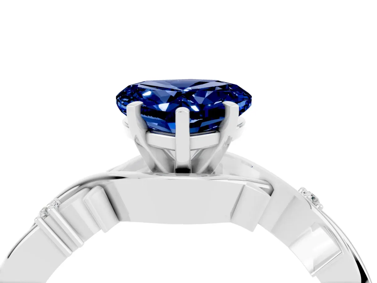 Heart Cut Blue Sapphire Solitaire Ring with Twisted Band and Prong Setting Silver
