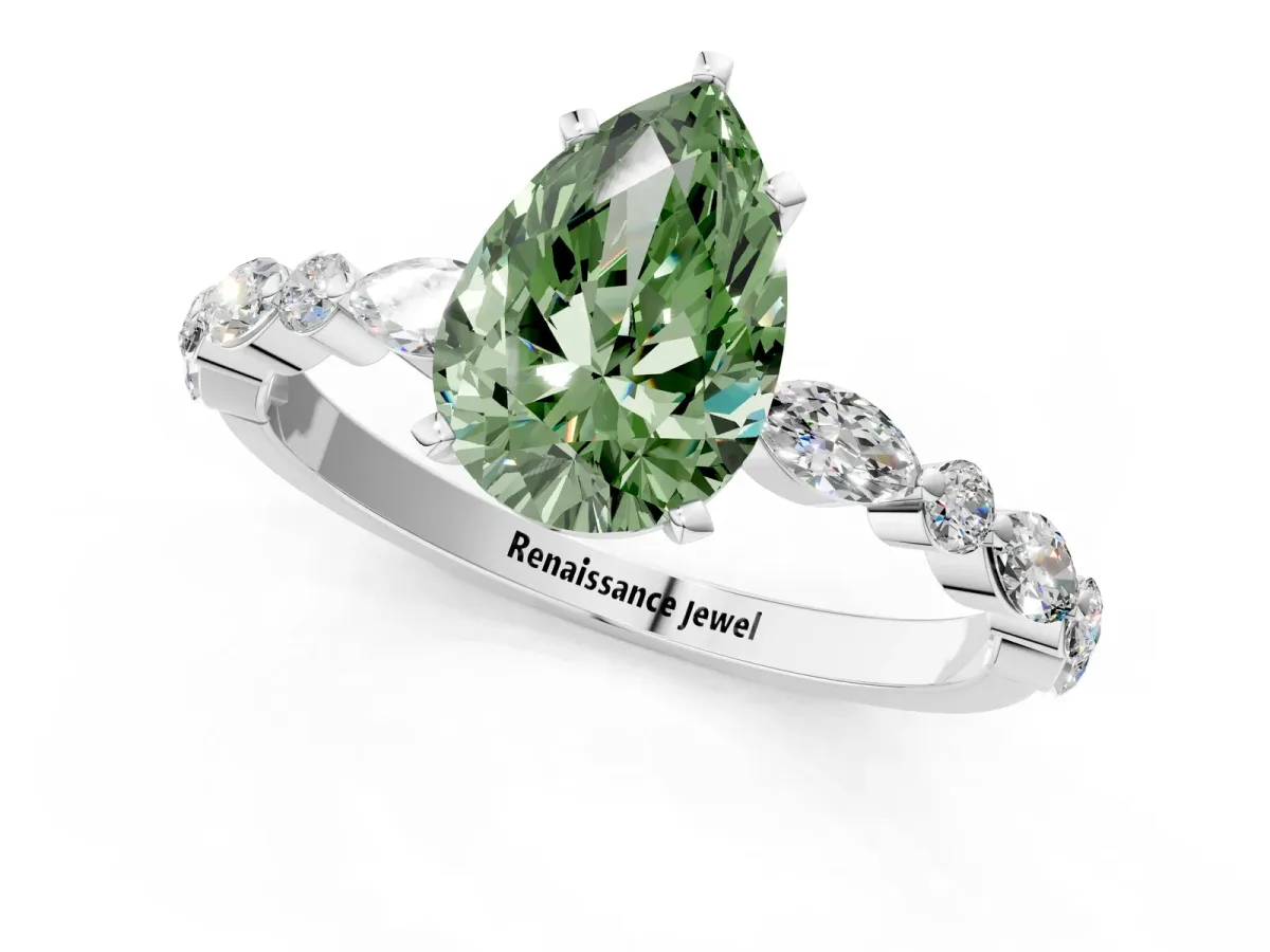 Fancy Green Pear Cut Diamond Ring with Marquise and Round Side Stones and Four-Prong Setting Silver