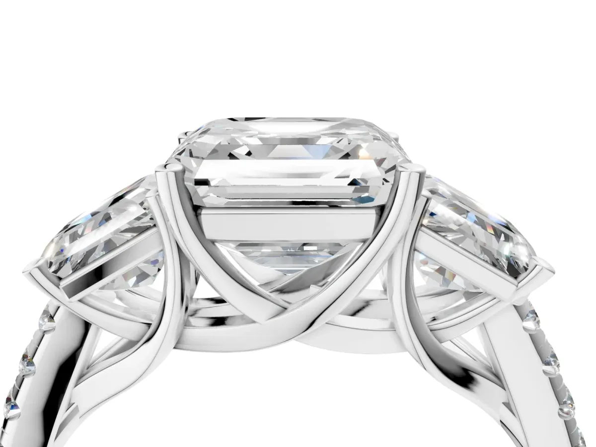 Three-Stone Asscher Cut Diamond Ring with Round Pavé Band and Prong Setting Silver