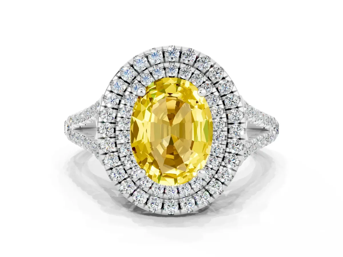 Oval Cut Yellow Sapphire Double Halo Ring with Pavé Band and Prong Setting Silver