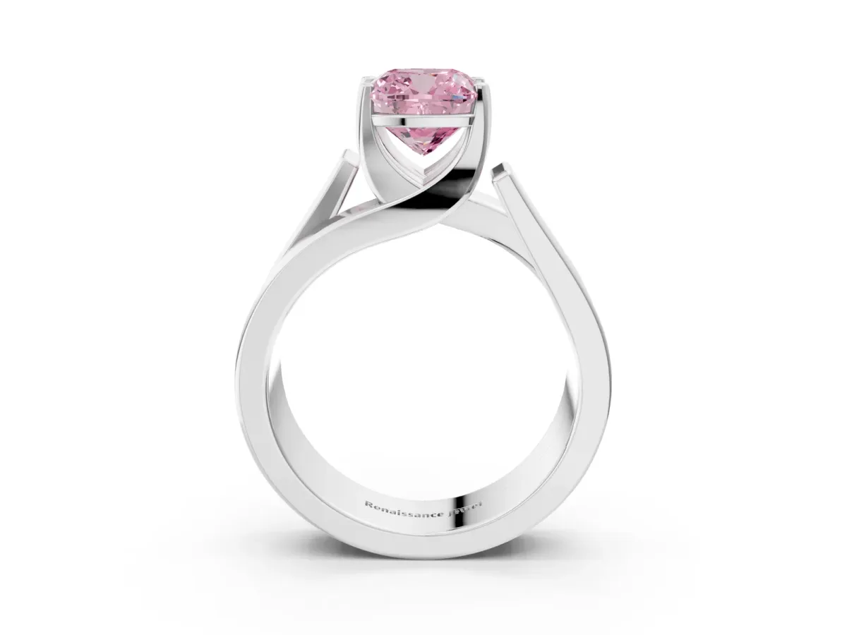 Fancy Pink Modern Tension Set Cushion Cut Diamond Solitaire Wide Band Ring Silver