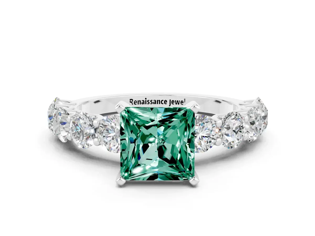 Princess Cut Green Sapphire Prong Setting with Side Stones on a Pave Band Silver