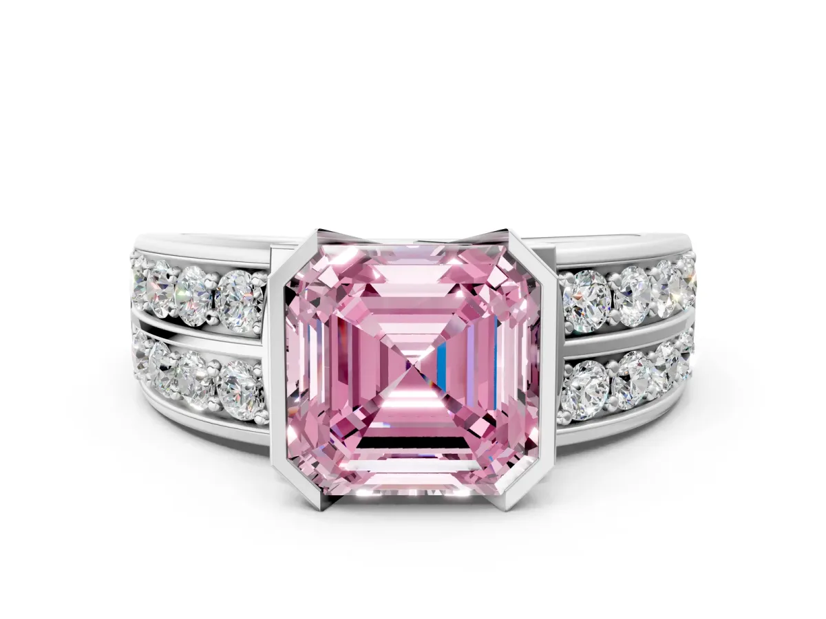 Fancy Pink Asscher Cut Brilliant Diamond Channel Set Wide Band Ring with Bezel Setting Platinum
