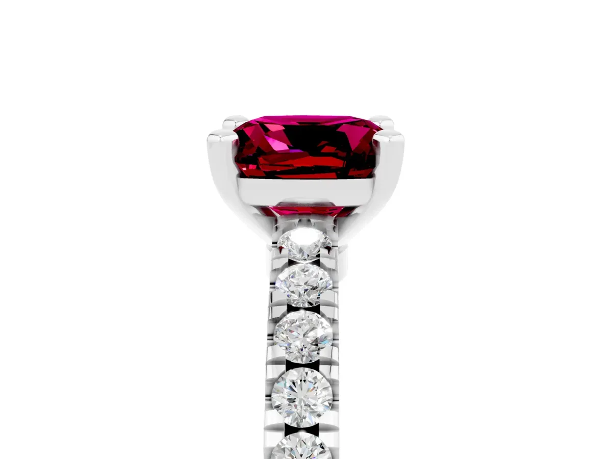 Cushion Cut Solitaire Garnet with Pavé Band and Four-Prong Setting Silver