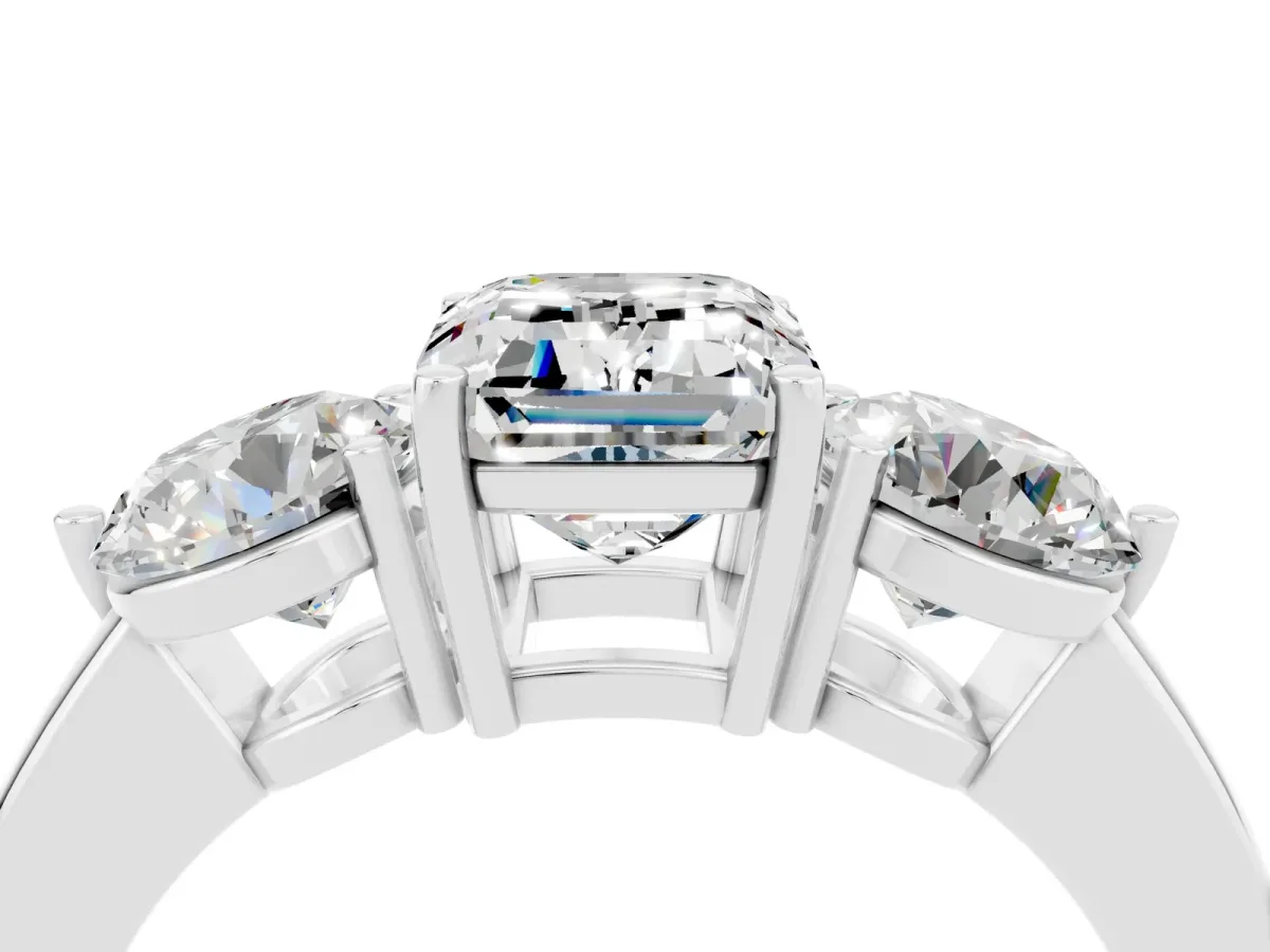 Emerald Cut Moissanite Three-Stone Ring with Prong Setting and Classic Band White gold