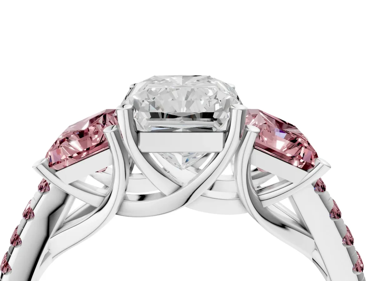 Three-Stone Radiant Cut Diamond Ring with Round Morganite Pavé Band and Prong Setting Silver