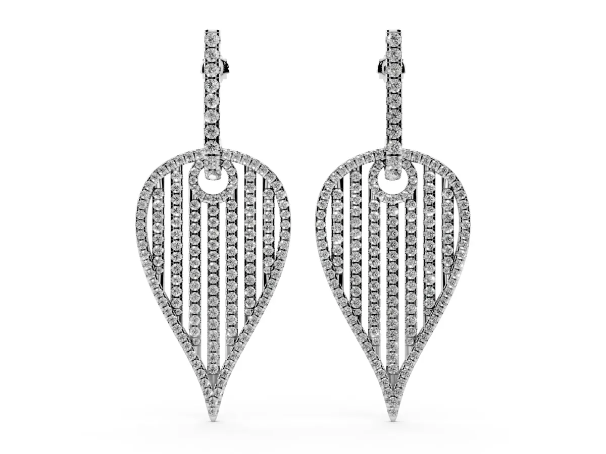 Round Diamond Striped Teardrop Statement Drop Earrings Platinum