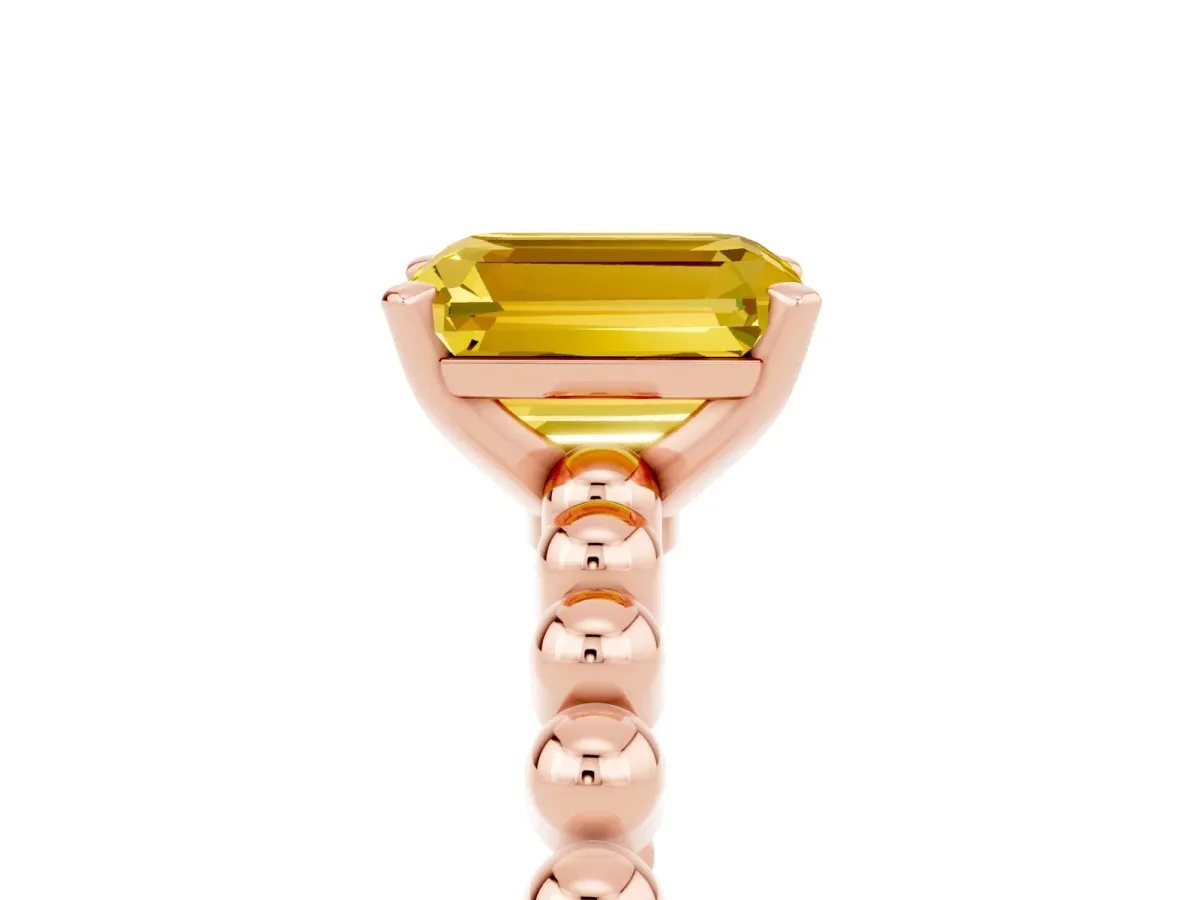 Emerald Cut Yellow Sapphire Solitaire Ring with Beaded Band and Prong Setting Rose gold