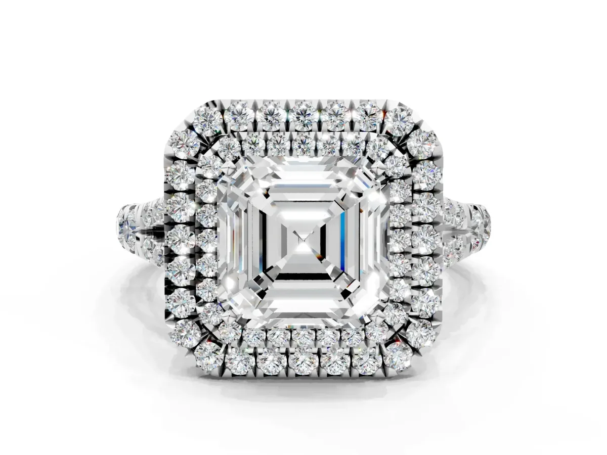 Asscher Cut Cut Double Halo Split Shank Diamond Ring with Prong Setting Platinum