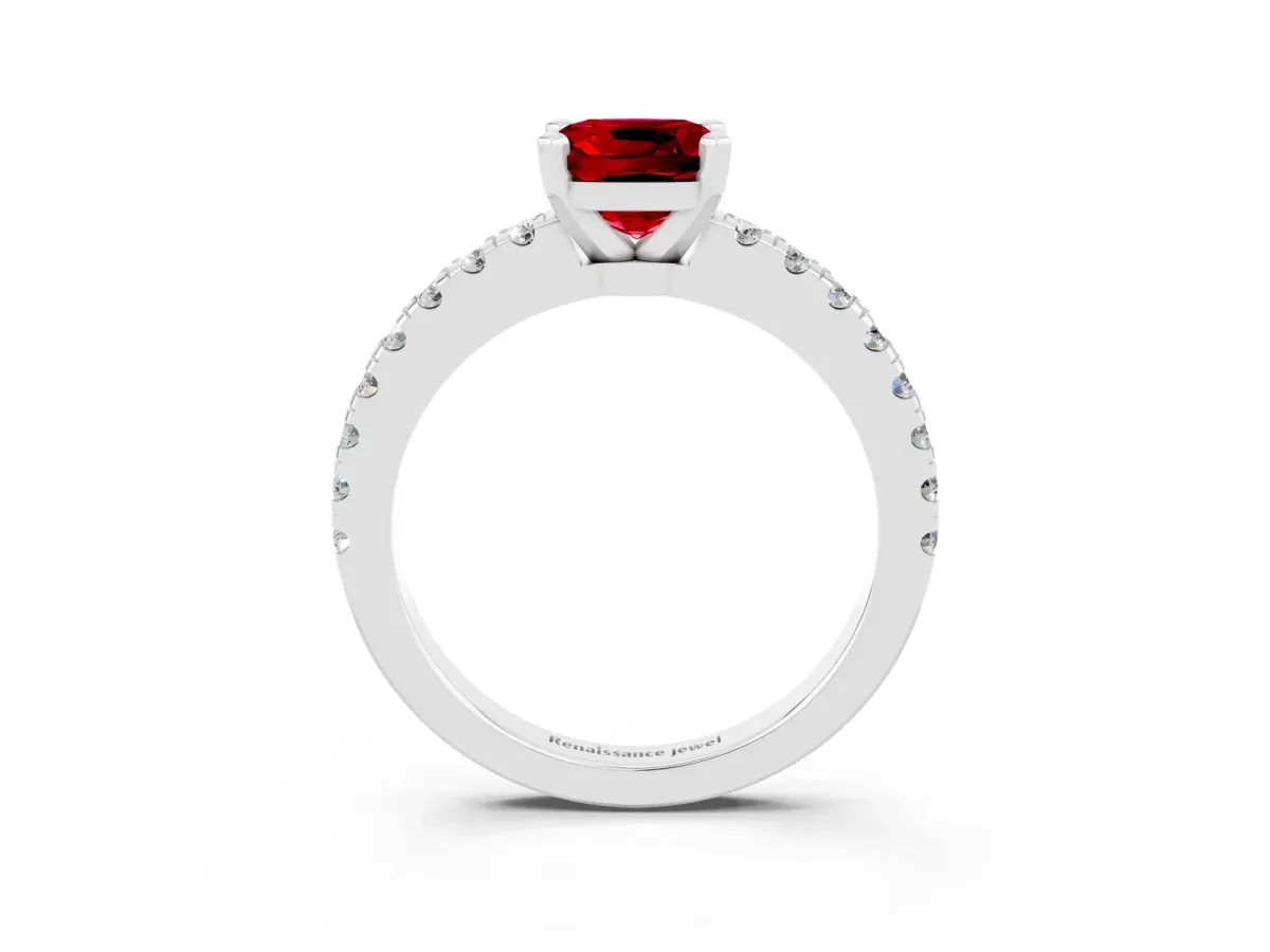 Cushion Cut Solitaire Ruby with Pavé Band and Four-Prong Setting Silver