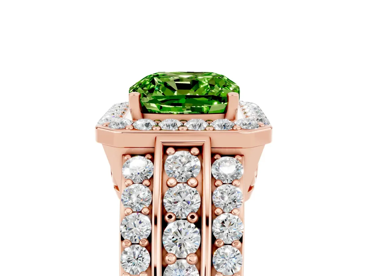 Cushion Cut Halo Peridot Ring with Round Split Shank and Prong Setting Rose gold