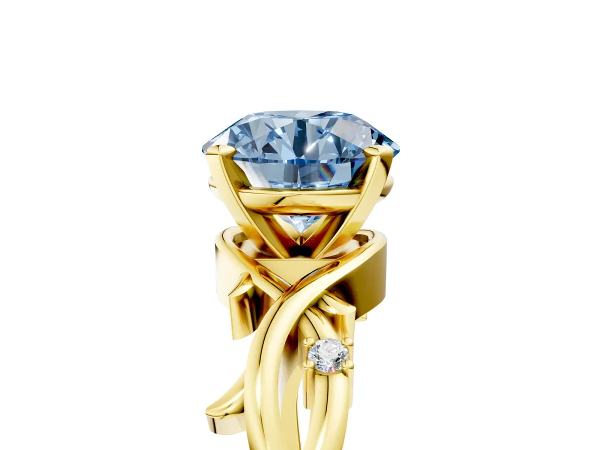 Fancy Blue Round Cut Diamond Solitaire Ring with Twisted Band and Prong Setting Yellow gold